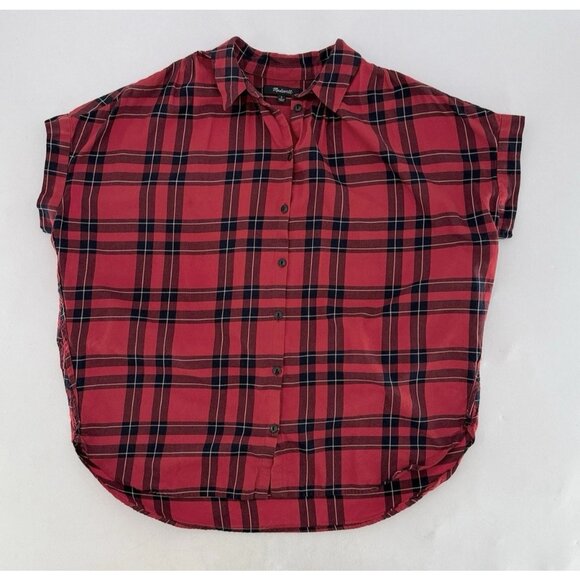 Madewell Red Button Front Collared Plaid Cap Sleeve Blouse Sz Sm, Preppy Boho - Picture 3 of 9